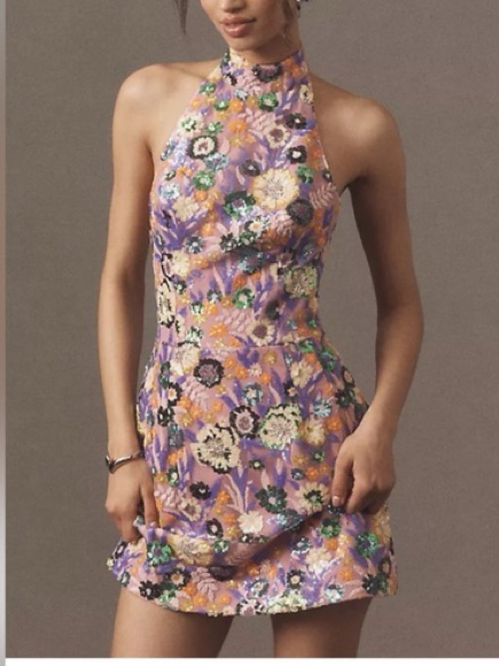 Helsi Sarah Floral Sequin Halter Mini Dress -
Lavender Purple - NWT